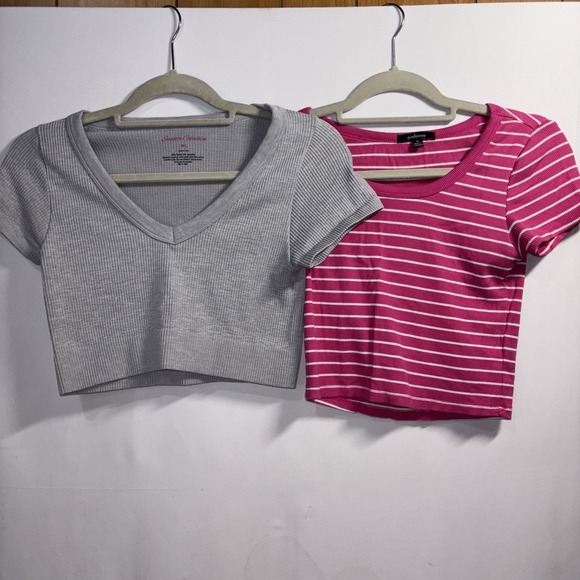 Assorted Tops - Women's M Crop Top Lot Of 2 Gray And Pink Striped